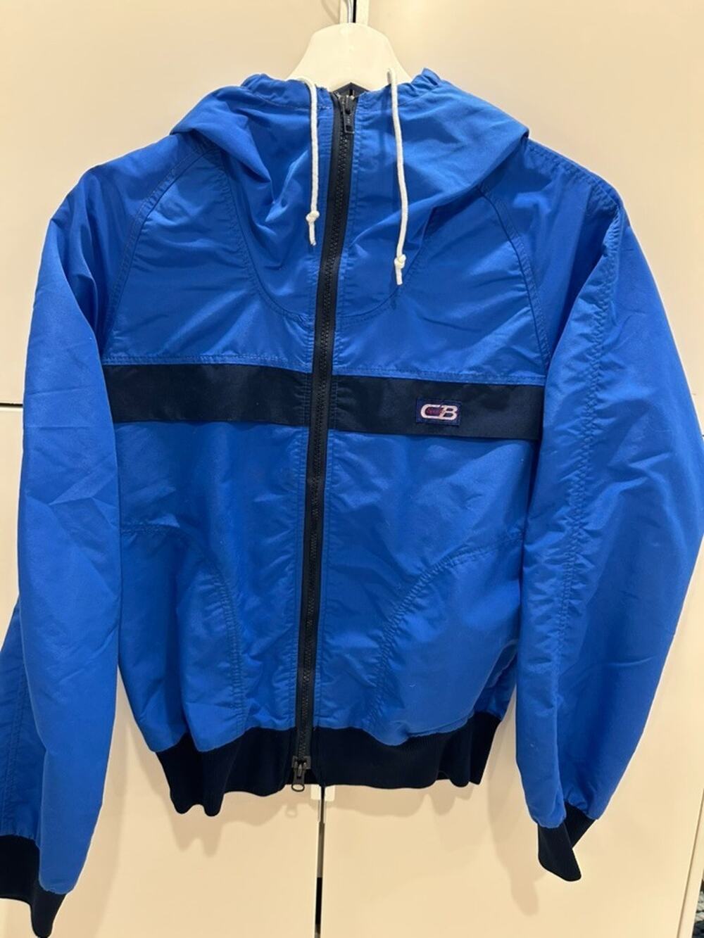 VTG 80s CB Sports Hooded Jacket Kids Youth XL Blue Full Zip Windbreaker Ski 22"